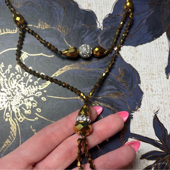 Estate Y2K Brown Faceted AB and Rhinestone Beaded Double Layer Drop Necklace D2 - Picture 12 of 14